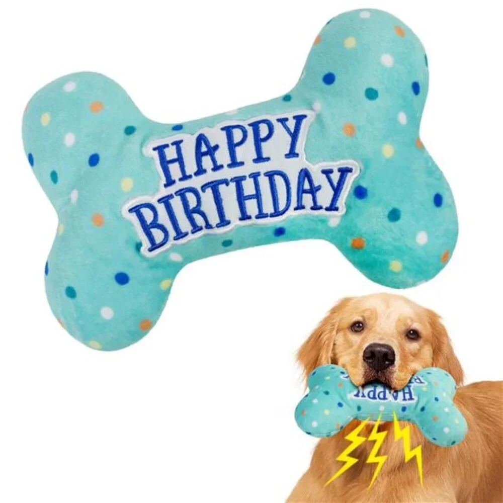 Dog Birthday Toys, Plush Dog Crinkle Squeaky Toys, Dog Chew Toys Bone - Picture 1 of 5